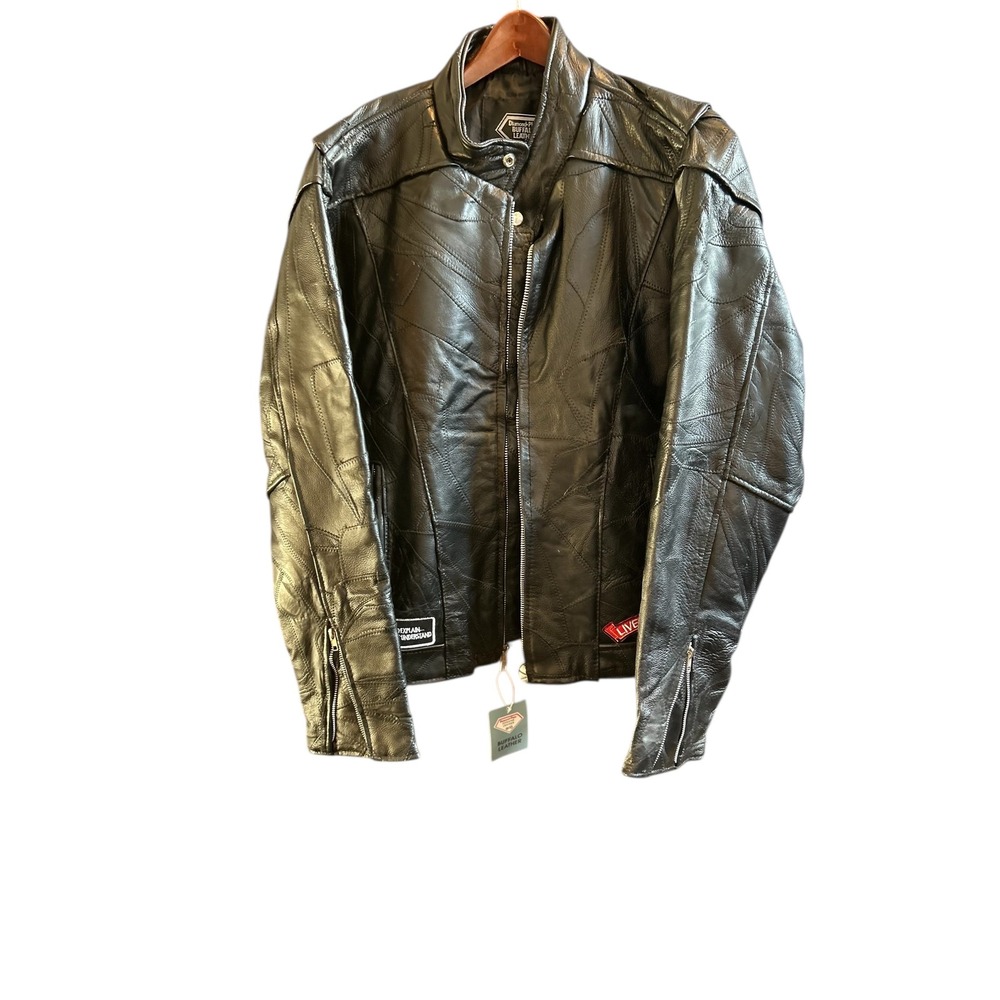 Diamond Plate Buffalo Leather Motorcycle Jacket‎ Patchwork Route 66 USA Size M